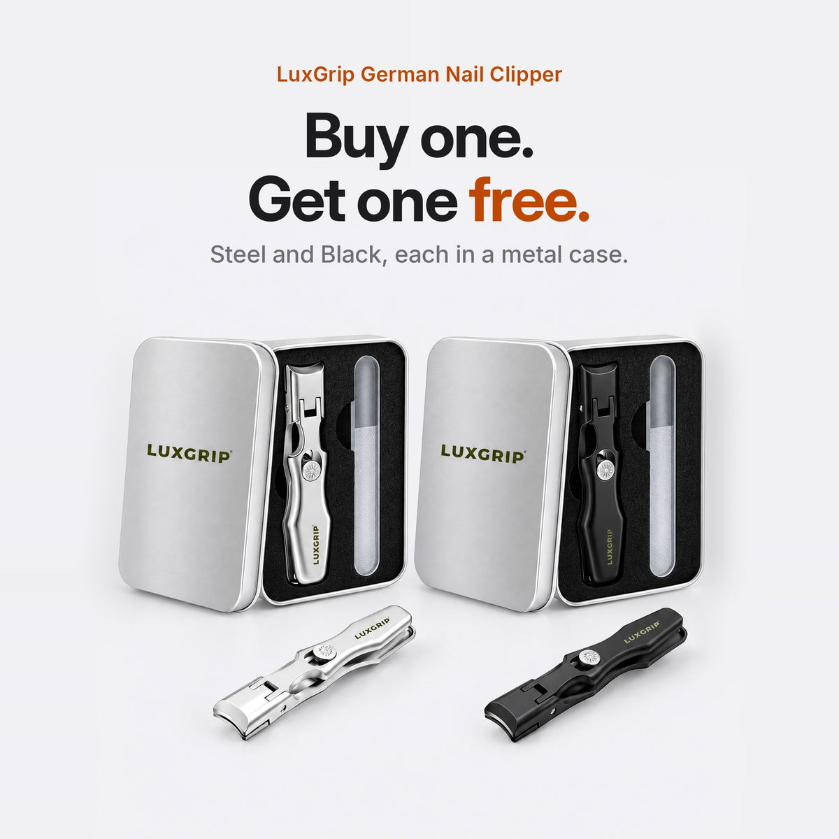 LuxGrip German Nail Clipper - Buy One Get One Free - Steel and Black Each in a Metal Case